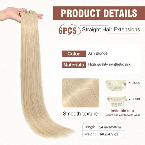 New 6PC Clip-in Hair Extensions 24" Long Straight Synthetic - Ash Blonde - Picture 2 of 5